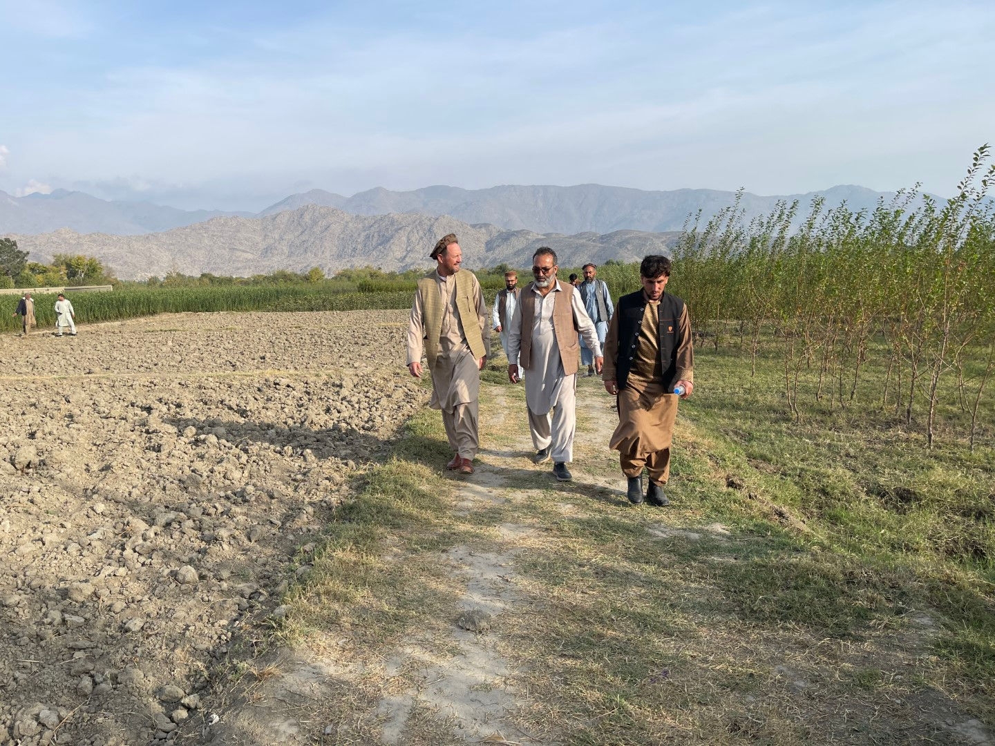 three people walking next to each other on a path through grass