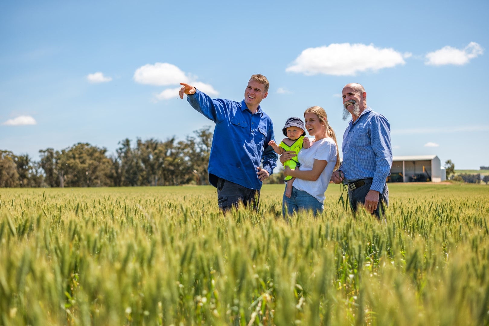 people standing in long crops in farmland pointing