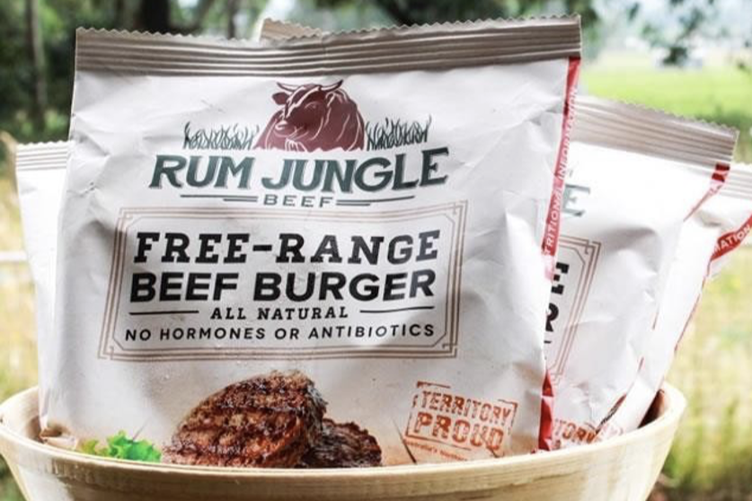 white food packaging with black text stating free range beef burger