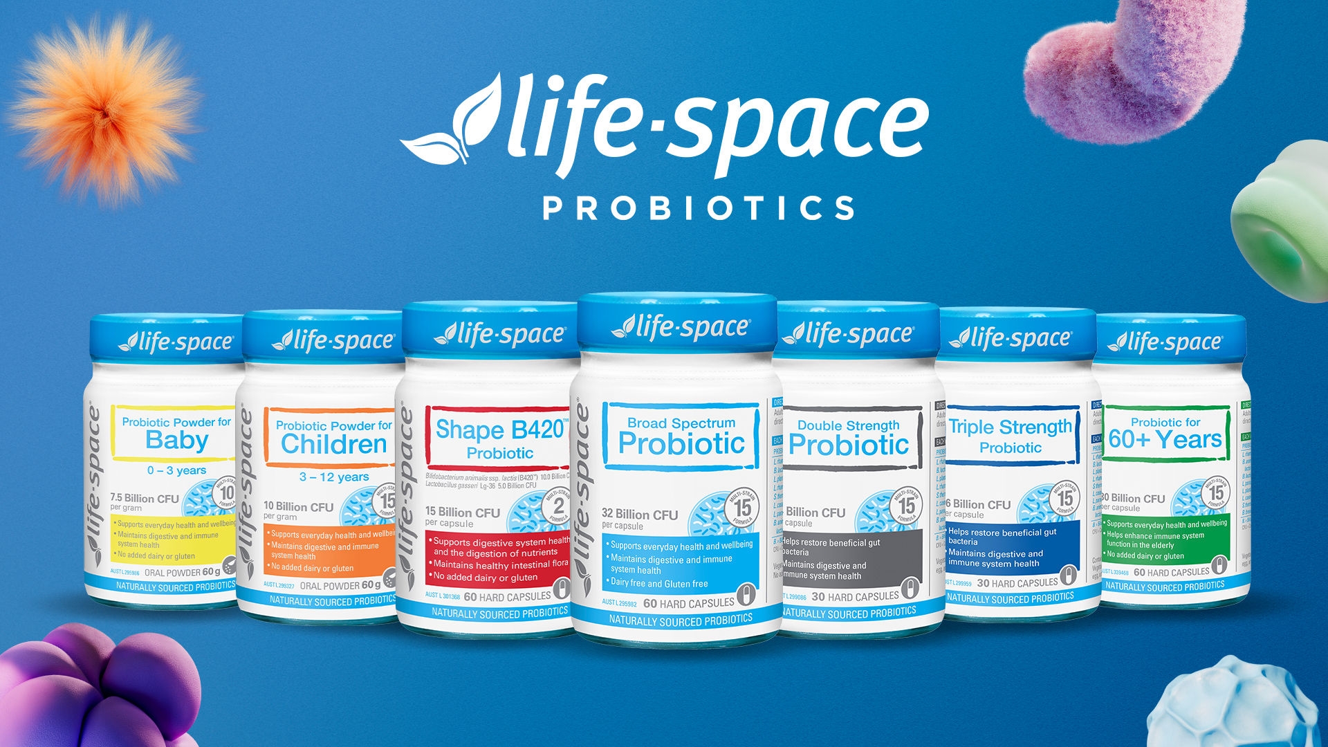 Life Space logo and 7 bottles of probiotics